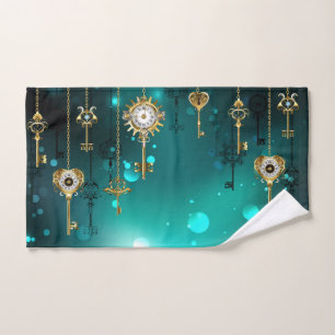 Antique Skeleton Keys on Green Background Hand Towel