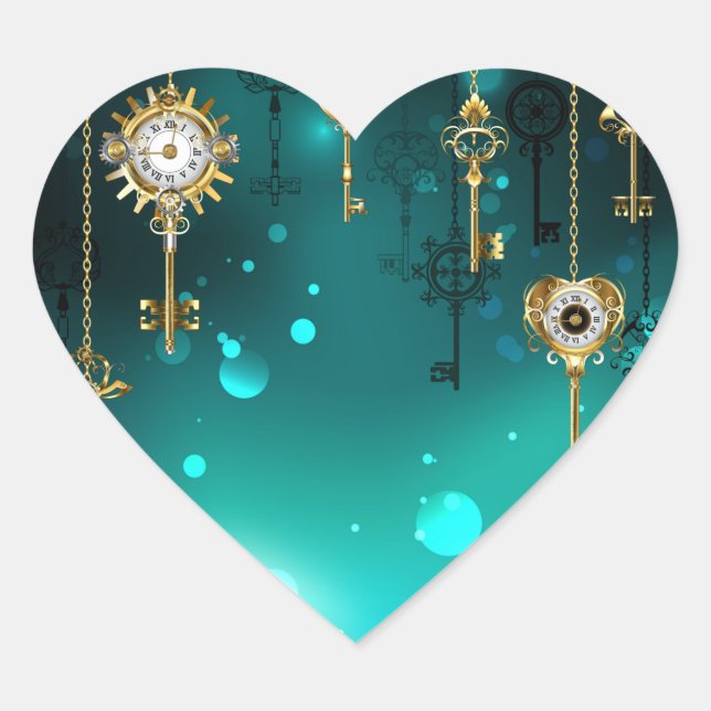 Antique Skeleton Keys on Green Background Heart Sticker (Front)