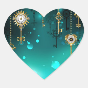 Antique Skeleton Keys on Green Background Heart Sticker