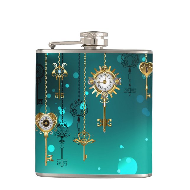 Antique Skeleton Keys on Green Background Hip Flask (Front)