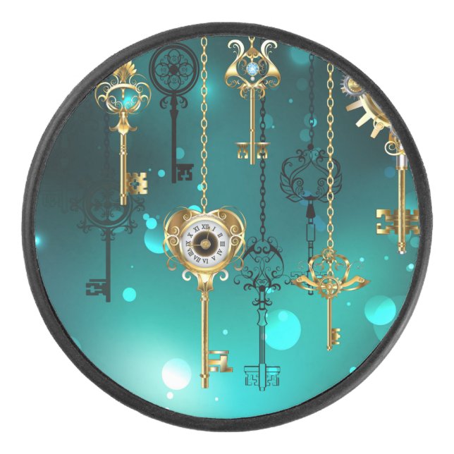 Antique Skeleton Keys on Green Background Hockey Puck (Front)