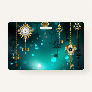 Antique Skeleton Keys on Green Background ID Badge
