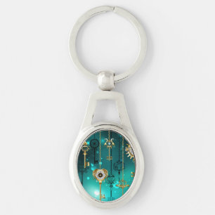 Antique Skeleton Keys on Green Background Key Ring