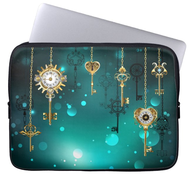 Antique Skeleton Keys on Green Background Laptop Sleeve (Front)