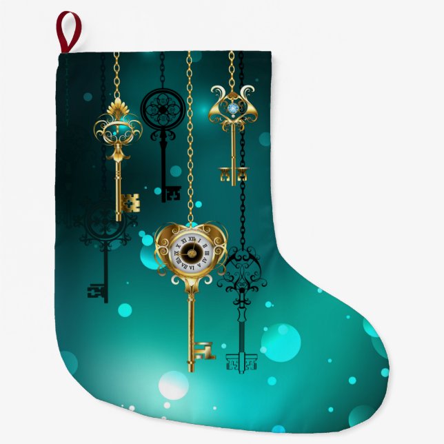 Antique Skeleton Keys on Green Background Large Christmas Stocking (Front)