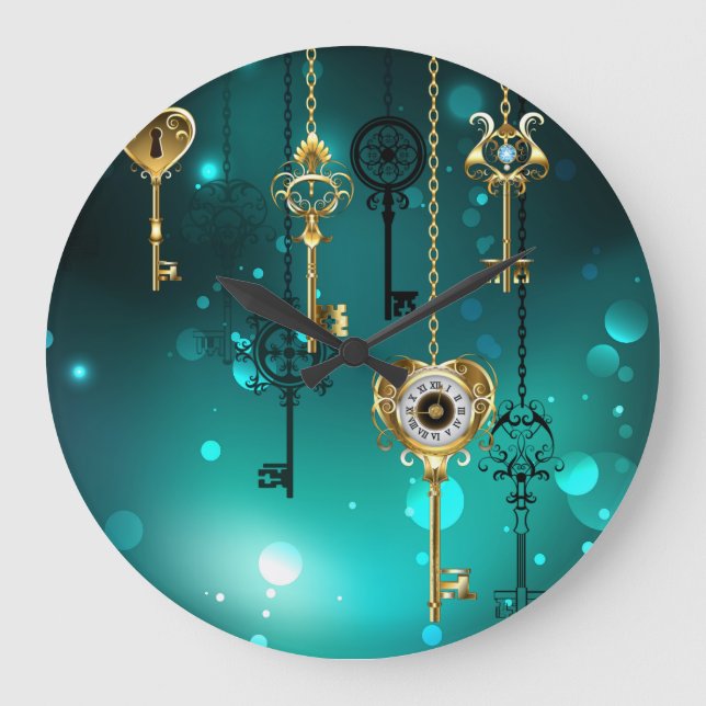 Antique Skeleton Keys on Green Background Large Clock (Front)