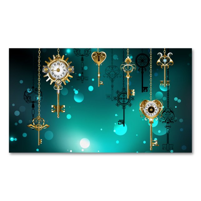 Antique Skeleton Keys on Green Background Magnetic Business Card (Front)