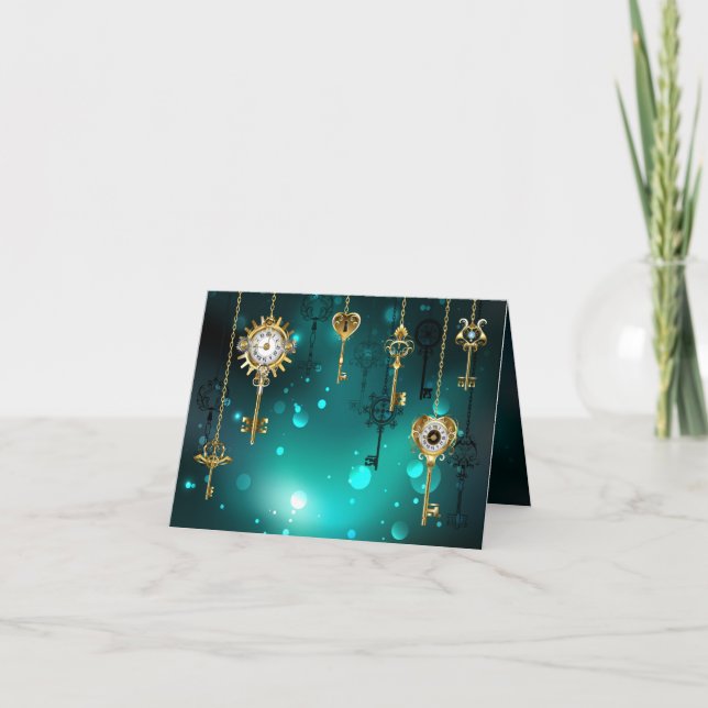 Antique Skeleton Keys on Green Background Note Card (Front)