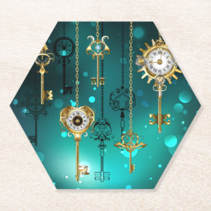 Antique Skeleton Keys on Green Background Paper Coaster