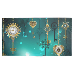 Antique Skeleton Keys on Green Background Pillowcase