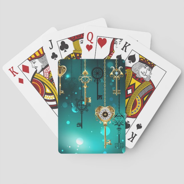 Antique Skeleton Keys on Green Background Playing Cards (Back)