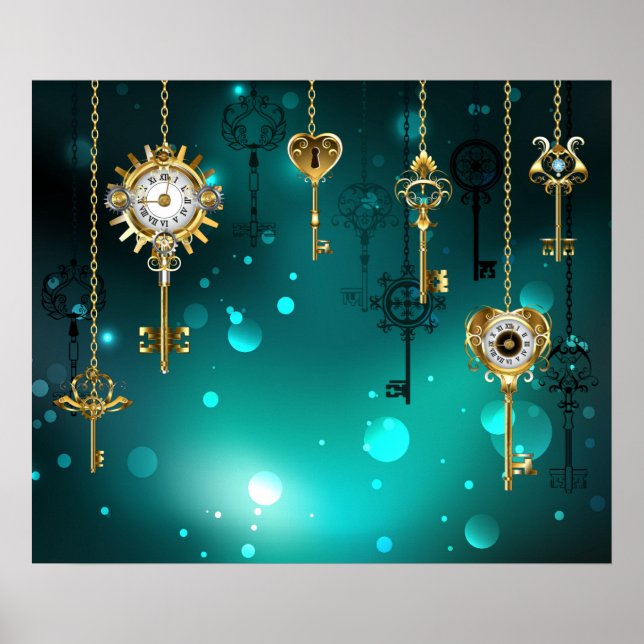 Antique Skeleton Keys on Green Background Poster (Front)