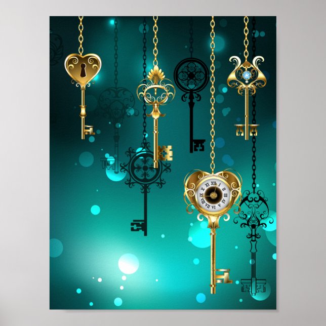 Antique Skeleton Keys on Green Background Poster (Front)