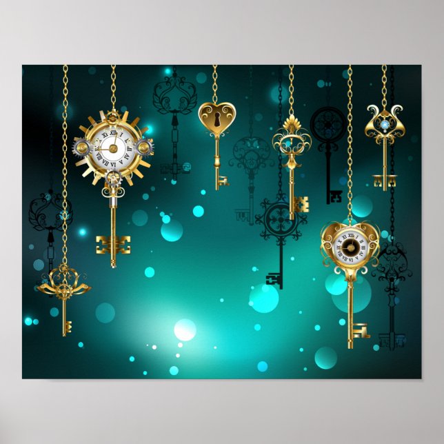 Antique Skeleton Keys on Green Background Poster (Front)