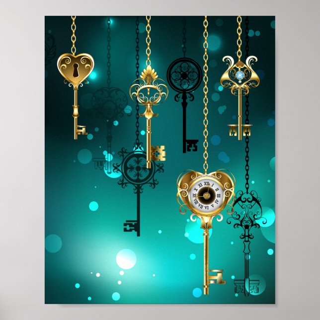 Antique Skeleton Keys on Green Background Poster (Front)