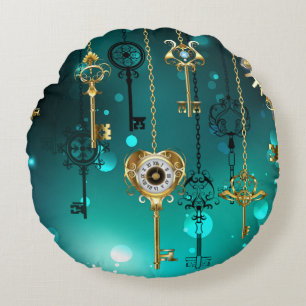 Antique Skeleton Keys on Green Background Round Cushion