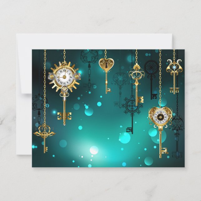 Antique Skeleton Keys on Green Background RSVP Card (Front)