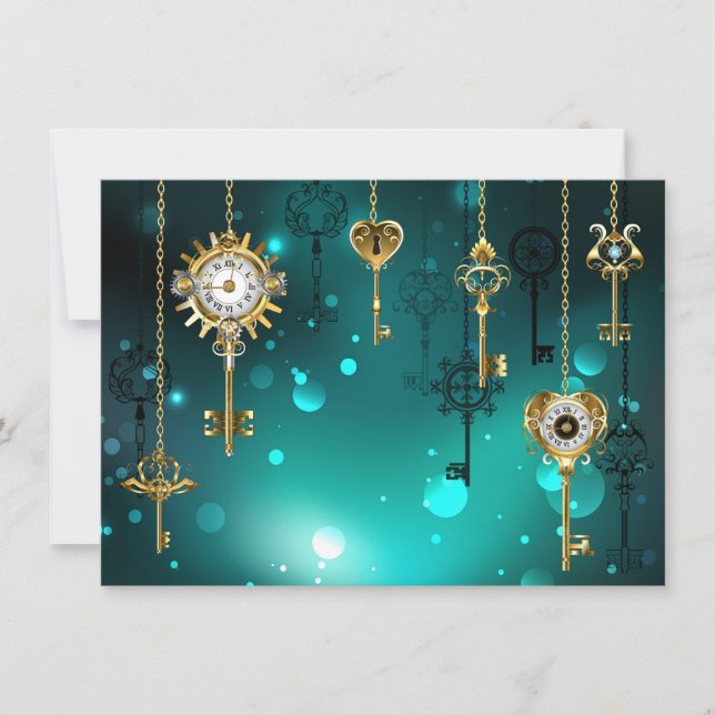 Antique Skeleton Keys on Green Background Save The Date (Front)