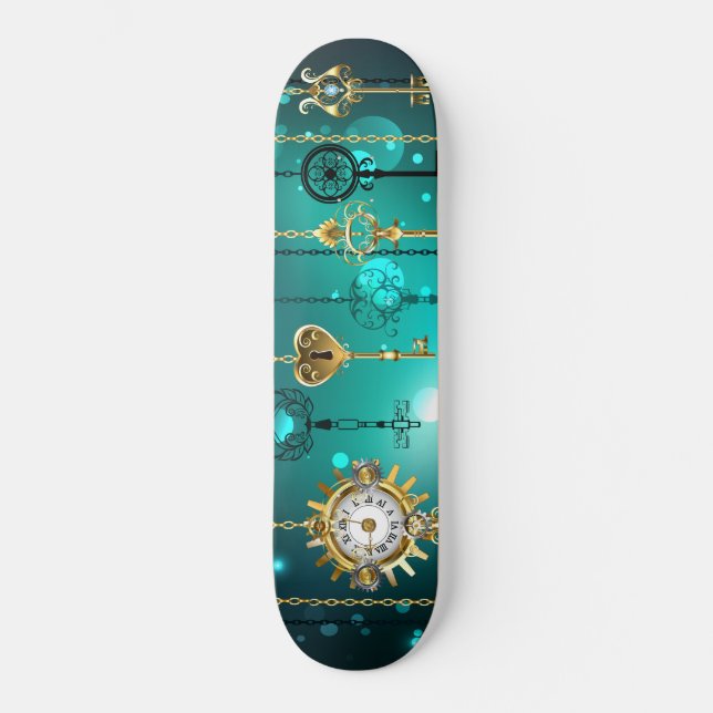 Antique Skeleton Keys on Green Background Skateboard (Front)