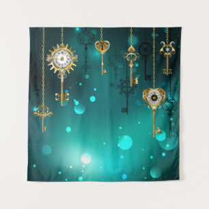 Antique Skeleton Keys on Green Background Tapestry