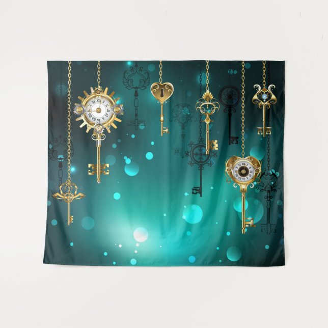 Antique Skeleton Keys on Green Background Tapestry (Front (Horizontal))