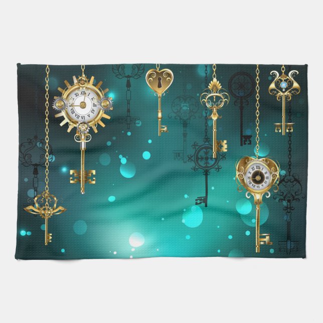 Antique Skeleton Keys on Green Background Tea Towel (Horizontal)