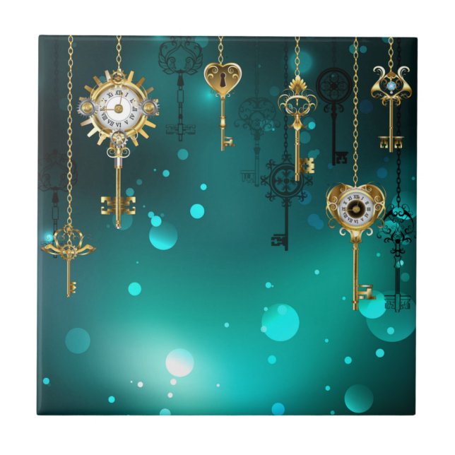 Antique Skeleton Keys on Green Background Tile (Front)