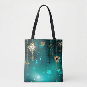 Antique Skeleton Keys on Green Background Tote Bag