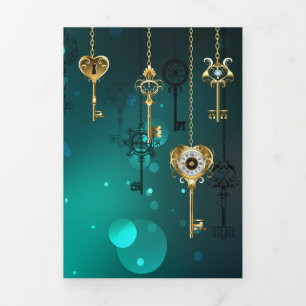 Antique Skeleton Keys on Green Background Tri-Fold Card