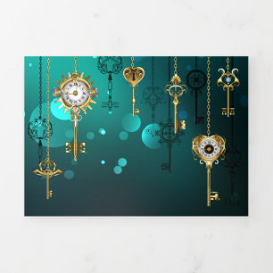 Antique Skeleton Keys on Green Background Tri-Fold Invitation