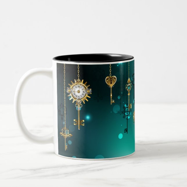 Antique Skeleton Keys on Green Background Two-Tone Coffee Mug (Left)