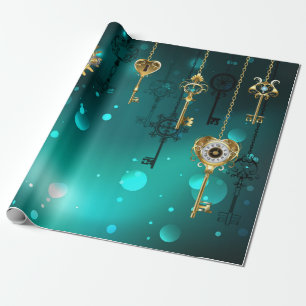 Antique Skeleton Keys on Green Background Wrapping Paper
