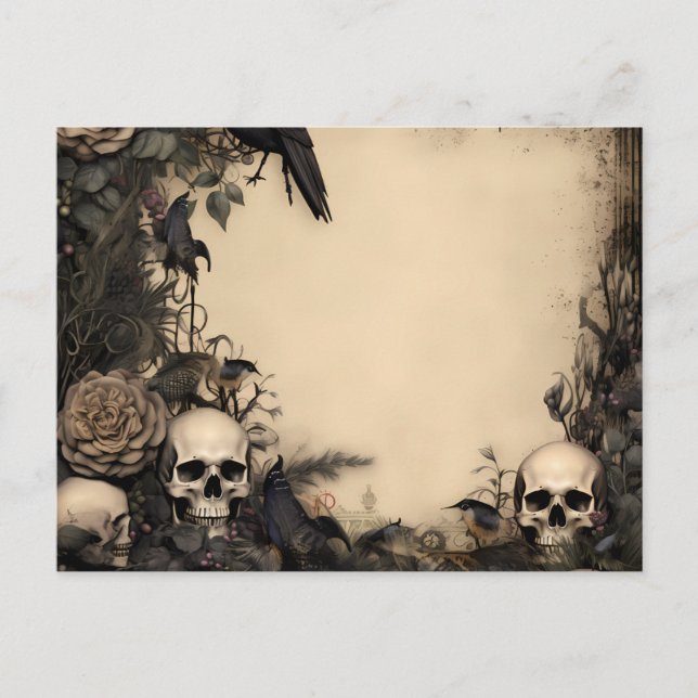 Antique Skulls Black Flowers & Greenery Halloween Holiday Postcard (Front)