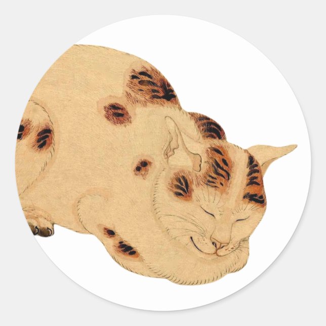 Antique Sleeping Cat Japanese Woodblock Ukiyo-e Classic Round Sticker (Front)