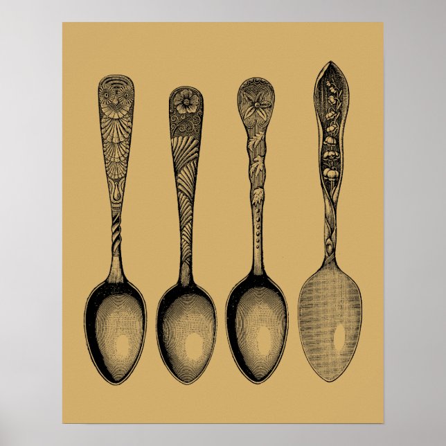 Antique Spoon Silverware Illustrations Poster (Front)