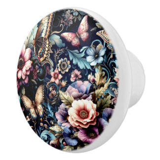 Antique Spring Flowers and Butterflies Ceramic Knob