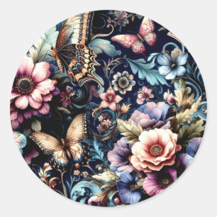 Antique Spring Flowers and Butterflies  Classic Round Sticker