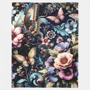 Antique Spring Flowers and Butterflies Fleece Blanket