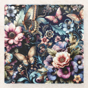 Antique Spring Flowers and Butterflies Glass Coaster