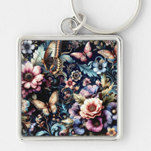 Antique Spring Flowers and Butterflies  Key Ring