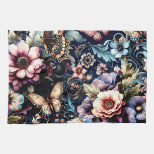 Antique Spring Flowers and Butterflies  Tea Towel