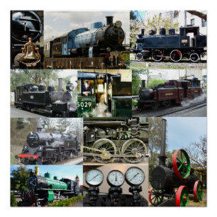 Antique Steam Engine Locomotive Train Collage Poster
