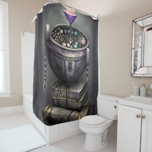 Antique Steampunk Cauldron   Stack of Spellbooks Shower Curtain