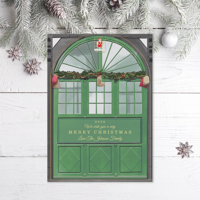 Antique Storefront Illustration Green Holiday Card (Creator Uploaded)