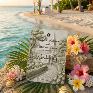 Antique Storybook Church Sketch Cream Wedding Invitation