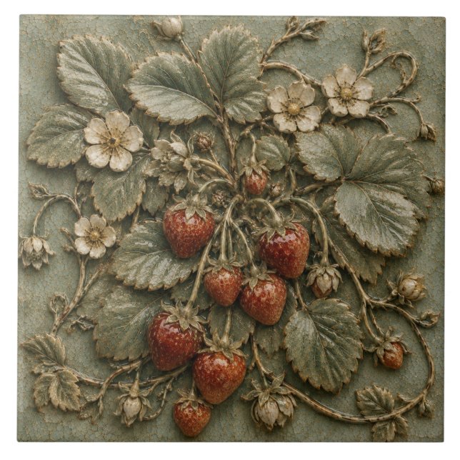 Antique Strawberry Plant Botanical Faux Relief Tile (Front)