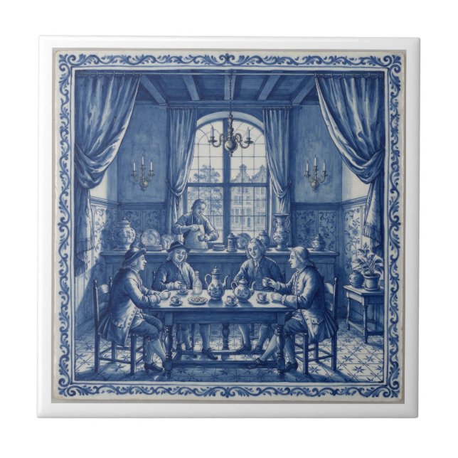 Antique Style Blue + White Delft Tile Coffee House (Front)