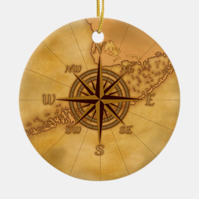 Antique Style Compass Rose Ceramic Tree Decoration (Front)