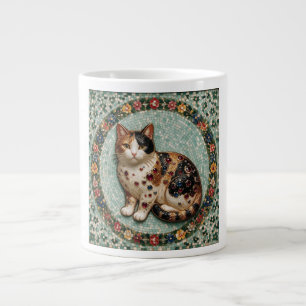 Antique Style Fine Calico Cat Floral Mosaic Large Coffee Mug
