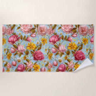 Antique Style Floral Print Beach Towel